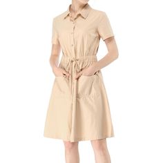 The casual, elegant look of this pretty dress will keep you looking great all the time. The short-sleeve shirt dress is cut with a relaxed silhouette and features a drawstring to cinch in the waist and plenty of practical pockets. Pair it with ankle boots or heels for a chic silhouette. Perfect for spring, summer, and autumn, and it is also suitable for any occasion. Beige Casual Dress, Casual Half Sleeve Shirt Dress For Summer, Casual Half Sleeve Summer Shirt Dress, Cotton Short Sleeve Dress For Day Out, Short Sleeve Shirt Dress For Day Out, Summer Half Sleeve Shirt Dress, Casual Solid Short Sleeve Dress For Spring, Collared Short Sleeve Dress For Summer Workwear, Casual Short Sleeve Dress With Pockets For Spring