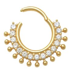 Add this gorgeous 10K Gold Septum Clicker Nose Ring to your jewelry collection. Add this gorgeous 10K Gold Septum Clicker Nose Ring to your jewelry collection. 18 Gauge (1mm) Metal: 10k gold Inner diameter: 8mm Total weight: 0.75 g Packaging: velvety pouch Finish: polishedSTONE DETAILS Stone type: cubic zirconia Shape: round Total weight: 1/10 ct. Center stone size: 1.5 mm X 15 Setting: prong Gemstones may have been treated to enhance their appearance. Special care may be required. Please visit 14k Gold Silver Septum Ring For Wedding, Silver 14k Gold Septum Ring For Wedding, Gold Cubic Zirconia Hoop Septum Ring, Elegant Gold Septum Ring With Diamond Accents, Gold Halo Septum Ring For Wedding, Elegant Gold Septum Ring, Elegant 14k Gold Septum Ring, 14k Yellow Gold Septum Ring For Anniversary, 14k Gold Septum Ring With Halo Detail