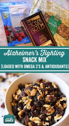 a bowl filled with granola and nuts next to an assortment of other snacks on a table