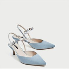 Blue, Kitten Heel, Slingback Shoes With Straps In Contrasting Colours And Buckled Strap Around The Ankle. Heels Height 2.5” New With Tag Tag Size Eu40/Us9 Upper 75% Polyester, 25% Polyurethane Lining 100% Polyurethane Sole 100% Polyurethane Thermoplastic Slipsole 90% Polyurethane, 10% Polyester S61 Blue Kitten Heels, Shoes With Straps, Pink Suede Pumps, Blue Suede Heels, Orange Heels, Pointy Heels, Mid Heel Shoes, Blue Accessories, Slingback Shoes