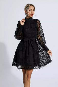 Lorelei Black Lace Jacquard Mini Dress Mini Lace Dress For Date Night, Date Night Knee-length Mini Dress With Lace Trim, Mini Lace Dress With Scalloped Lace For Date Night, Date Night Mini Lace Dress With Scalloped Lace, Embroidered Lace Mini Dress, Lace Mini Dress With Lace Sleeves, Lace Top Mini Dress For Date Night, Long Sleeve Lace Mini Dress With Scalloped Lace, Party Mini Dress With Lace Patchwork