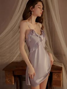 Light Purple Silky Suspender Nightdress Ruffled Nightdress With Robe Set-3 Sleeveless Nightgown With Built-in Bra For Party, Elegant Fitted Ruffles Sleepwear, Elegant Fitted Ruffle Sleepwear, Elegant Fitted Ruffled Sleepwear, Elegant Fitted Sleepwear With Ruffles, Elegant Ruffled Nightgown For Wedding Night, Flirty Party Sleepwear With Spaghetti Straps, Wedding Night Satin Dress With Ruffles, Party Sleepwear With Built-in Bra In Satin