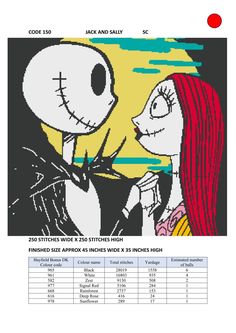 the cross stitch pattern for jack and sally from the animated movie, it looks like they are