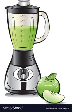 an apple and a blender with green juice on the top, next to it