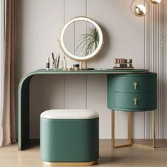 a dressing table with a mirror and stool next to it