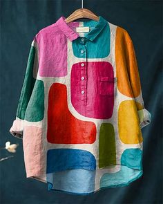 🌸Flower Shirt-II Blazer Jackets For Women, Cotton Linen Dresses, Colorful Abstract Art, Y2k Clothes, Abstract Art Print, Linen Top, Colorful Abstract, Woman Colour, Linen Shirt