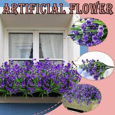 purple flowers are growing in a window box with the words artificial flower above it and below