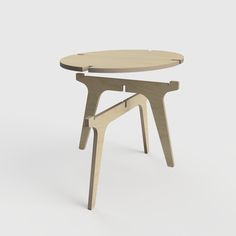 a small wooden table with an upside down design on the top and bottom, sitting in front of a white background