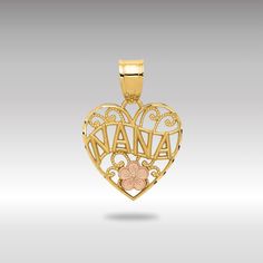 Celebrate your grandmother with a token of affection that is as timeless as it is beautiful: our 14K Gold NANA Necklace Pendant.  This exquisite piece features an engraved heart charm with a delicate floral design, making it the perfect special gift for Grandma, filled with sentiment and appreciation. Expertly crafted from premium 14K gold, this pendant displays a heart-shaped charm elegantly engraved with "NANA" in a classic script, surrounded by intricate floral patterns that enhance its femin Heirloom Heart-shaped Jewelry With Hallmark, Mother's Day Engraved Nameplate Jewelry, Personalized Heirloom Jewelry For Mother's Day, Traditional Heart Charm Jewelry For Valentine's Day, Etched Jewelry For Mother's Day Anniversary, Mother's Day Anniversary Etched Jewelry, Engraved Heart Pendant Jewelry For Mom, Engraved Nameplate Jewelry For Mom, Engraved Nameplate Jewelry Gift For Mom