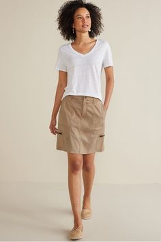 Try out the season's cargo trend with this stretch twill skort that's trimmed with functional zip pockets. Underneath, you'll find built-in shorts made from a soft jersey knit. Functional button & zipper fly, elastic back waist. Misses length 18 in, shorts inseam 4.5 in. Tunic Leggings, Boucle Jacket, Suede Fashion, Gauze Dress, New Pant, Velvet Fashion, Soft Surroundings, Dress With Cardigan, New Tops