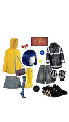 a group of clothes and accessories are arranged on a white surface, including boots, jacket, jeans shorts, handbag