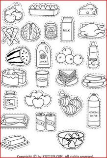 a coloring book with pictures of food and drinks on the page, which includes an image of