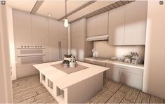 this is a 3d rendering of a kitchen with white cabinets and counter tops, as well as an island in the middle