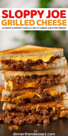 sloppy joe grilled cheese is stacked on top of each other with the title above it