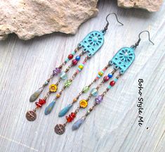 Beach Lizard, Boho Style Me Long Beaded Handcrafted Chain Earrings, BohoStyleMe, Gemstone Earrings, Original Colorful Bohemian Hippie Earrings Falling from beautiful patina, window style components, are three delicate strands of handcrafted beaded chain. Mixed gemstones, Picasso glass beads, small glass flowers, and more, end with unique wire wrapped beads and tiny Vintaj natural brass lizard charms. The gemstones include small polished nuggets of amber, peridot, and amethyst. Antiqued brass is used throughout these unique bohemian earrings - enjoy! Length - 4 3/4 inches Please see all pictures for accurate colors. Created for you - my unique handcrafted jewelry is created individually in my personal design studio in Dubuque IA USA. Each, and every design I produce is made with love and th Bohemian Chandelier Earrings For Pierced Ears, Adjustable Bohemian Metal Chandelier Earrings, Adjustable Metal Bohemian Chandelier Earrings, Bohemian Chandelier Earrings With Ear Wire For Festivals, Turquoise Metal Beaded Bohemian Earrings, Bohemian Beaded Earrings With Ear Wire, Bohemian Beaded Earrings With Metal Ear Wire, Bohemian Metal Beaded Earrings With Ear Wire, Bohemian Chandelier Earrings With Colorful Beads For Festivals