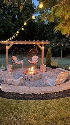 a fire pit surrounded by chairs and lights