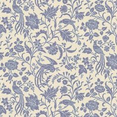 a blue and white wallpaper with floral designs on the back ground, in shades of purple