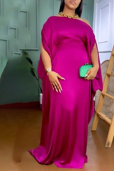 Plus Size Semi Formal Dress Magenta Solid One Shoulder Split Sleeve Maxi Dress