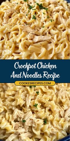 crockpot chicken and noodles recipe in a blue bowl with the title overlay