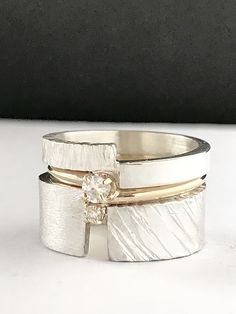 Happy Choices Stacking Rings by Dagmara Costello (Gold, Silver & Stone Ring) | Artful Home Contemporary Wedding Ring, Gold Wide Band Rings, Silver And Gold Rings Together, Wide Band Wedding Ring, Wide Band Diamond Rings, Wide Diamond Bands, Silver Stone Ring, Contemporary Rings, Inexpensive Jewelry