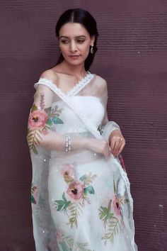 Shop for NEHA SAXENA White Rose Bunch Hand Painted Saree for Women Online at Aza Fashions Neha Saxena, Hand Painted Saree, Rose Bunch, Painted Saree, Eggshell White, Organza Blouse, Beaded Lace Fabric, Hand Painted Sarees, White Saree