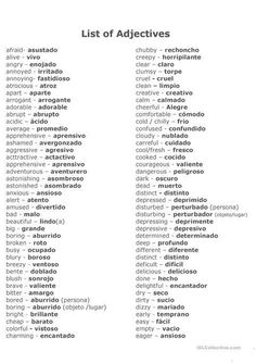 the list of adjettives is shown in black and white, with words above it