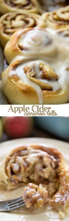 an apple cinnamon roll is on a plate with a fork in front of it and another photo of the inside