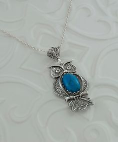 Turquoise Silver Owl Filigree Pendant Necklace, 925 Sterling, Artisan Handmade Art Deco Fancy Animal Lover Boho Jewelry, Owl Lover Gift Filigree necklace, silver women pendant, Celtic jewelry, boho bird necklace, December necklace, agate owl jewelry, handmade owl pendant, fancy bird pendant, silver gift for her, silver turquoise owl Material: 925 Sterling Silver ( NICKEL FREE ) Gemstone: Turquoise 10x14 mm. -The stone used in this jewelry, Turquoise, is the December Birthstone. Chain Length: -21 Elegant Turquoise Pendant Necklace As Gift, Elegant Turquoise Pendant Necklace For Gift, Sterling Silver Turquoise Necklace Gift, Blue Turquoise Necklace Stamped 925 As A Gift, Elegant Sterling Silver Turquoise Necklace Gift, Gift Blue Turquoise Necklace Stamped 925, Turquoise Hallmarked Jewelry Gift, Turquoise Hallmarked Jewelry For Gift, Elegant Silver Pendant Turquoise Necklace