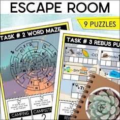 the escape room puzzles are on display in front of a notepad and notebook