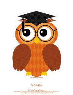 an owl with glasses and a graduation cap on it's head is sitting in front of the words bag front