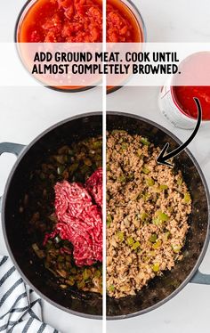 two pictures showing how to cook meat in a skillet with tomato sauce and ground meat