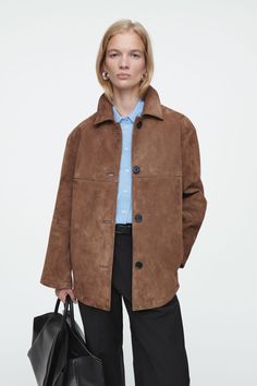 COLLARED SUEDE JACKET Mode Mantel, Casual Outerwear, Short Denim, Long Sleeves Coats, 가�을 패션, Short Coat