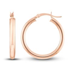 Dynamic 25mm hollow round tubes are polished to a high shine in these stylish women's hoop earrings. Fashioned in 14K rose gold, the earrings secure in place with hinged backs. Jared The Galleria Of Jewelry, Polish Jewelry, Stylish Women, Hoop Earrings, Rose Gold, Gold