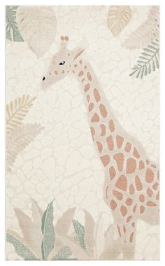 a giraffe is standing in the middle of a jungle print area rug with leaves on it