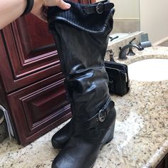 Brand New Black Boots Black Wide Calf Wedge Boots For Winter, Winter Black Wide Calf Wedge Boots, Casual Black Faux Leather Mid-calf Boots, Black Knee-high Wedge Boots For Fall, Chic Black Wedge Boots For Fall, Chic Black Faux Leather Wedge Boots, Black Wedges, Shoes Heels Boots, New Black