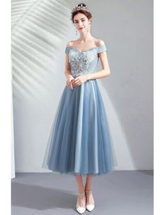 Dusty Blue Tulle Tea Length Party Dress Off Shoulder With Lace Wholesale #T79018 - GemGrace.com Solo Dress, Dress Off Shoulder, Blue Tulle, Happy Women, Tea Length, Prom Gown, Dusty Blue, Evening Gowns, Sleeveless Formal Dress