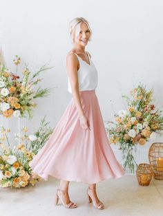 Midi Bridesmaids Dress Chiffon Dress Bridal Shower Dress Bridesmaid Skirt And Top, Ladylike Outfits, Bridesmaid Separates, Skirts And Tops, Bridesmaid Skirts, Coral Skirt, Midi Bridesmaid Dress, Rose Skirt, Chiffon Wrap