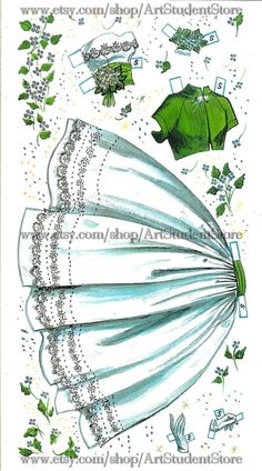 a drawing of a dress with green leaves on it