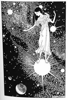 a black and white drawing of a woman standing on top of a star filled sky