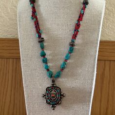 Turquoise, Coral And Heirloom Silver Pendant Necklace, 21 Inches Long, Chunky Turquoise And Brass Findings, S Hook Closure S Hook, Coral Turquoise, Silver Pendant Necklace, Womens Jewelry Necklace, Silver Pendant, Color Blue, Coral, Jewelry Necklaces, Necklaces