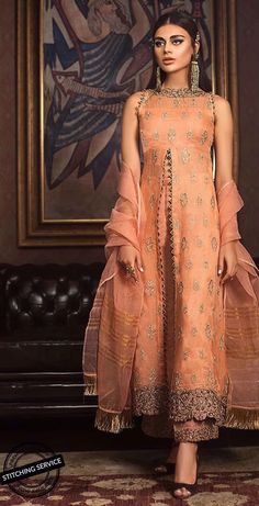 Organza dress for party wear in shining peach color by designer. Gold zari with bottom border nicely embroidered on organza dress. Fast delivery and custom size Luxury Zari Embroidered Party Dress, Luxury Dresses With Zari Work For Party Season, Peach Colour Combinations Indian Dress, Peach Colour Kurti, Peach Colour Saree, Peach Colour Combinations, Peach Color Saree, Peach Color Dress, Combination Dresses