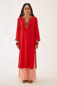 Shop for Nikasha Coral Viscose Crepe Kurta Set With Embroidered Dupatta for Women Online at Aza Fashions Red Palazzo Set With Embroidered Border And Straight Kurta, Red Palazzo Set With Straight Kurta And Embroidered Border, Red Embroidered Palazzo Set For Diwali, Red Palazzo Set With Embroidered Border For Eid, Bollywood Style Red Palazzo Set With Embroidered Border, Red Bollywood Palazzo Set With Embroidered Border, Red Sharara With Embroidered Border For Eid, Kurta Set With Dupatta, Lace Tassel