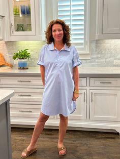 The perfect shirt dress with a little POP! We love this look, casual & chic. One size fits most- fits a size 4-12 best. Oversized relaxed fit. Cotton Poplin. 100% Cotton Cathleen is 5’4” Casual Dress With Relaxed Fit And Spread Collar, Chic Cotton Dresses With Shirttail Hem, Relaxed Fit Knee-length Shirt Dress, Relaxed Fit Knee-length Shirt Dress With Placket, Spring Shirt Dress With Rolled Sleeves For Day Out, Collared Shirt Dress With Rolled Sleeves For Day Out, Elegant Shirt Dress With Relaxed Fit And Shirttail Hem, Elegant Shirt Dress With Shirttail Hem And Relaxed Fit, Elegant Shirttail Hem Shirt Dress With Relaxed Fit