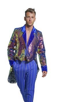 Mens Sequin jacket with tails by Love Khaos Festival Clothing Colorful Disco Outfit, Estilo Burning Man, Iridescent Dragon, Burning Man Costumes, Cool Tuxedos, Tail Coat, Tuxedo Coat, Outfit Birthday, Perfect Jacket