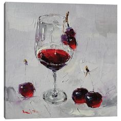 an oil painting of cherries and a glass of wine