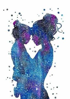 watercolor painting of two people holding each other in the air with stars and bubbles around them