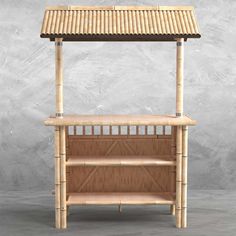 a bamboo shelf with two shelves and a roof over it, against a gray background