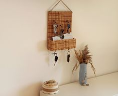 a basket hanging on the wall next to a potted plant and two keys in it