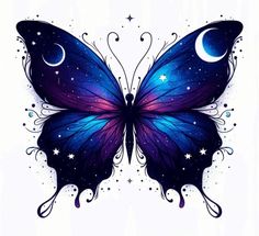 a blue butterfly with stars and crescents on it's wings