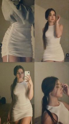 four pictures of a woman taking a selfie with her cell phone and wearing a white dress